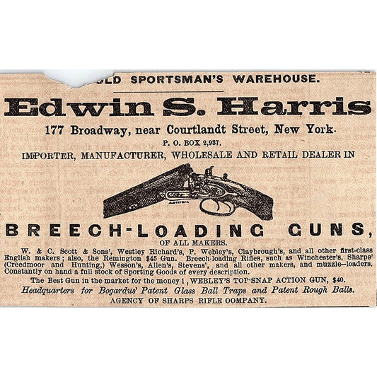 Edwin S Harris Breech Loading Guns Broadway New York 1878 Ad AG2-H4