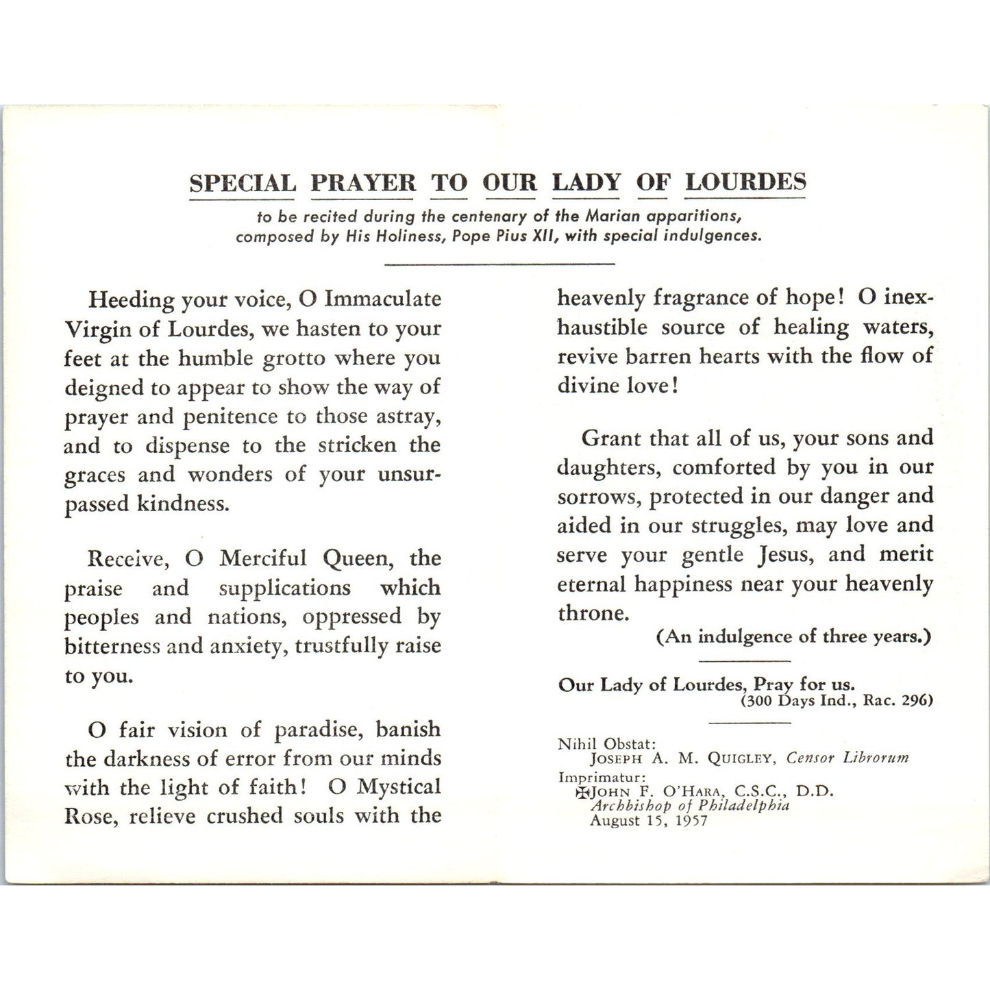 Special Prayer to Our Lady of Lourdes Vintage Catholic Prayer Leaflet TH2-PC2