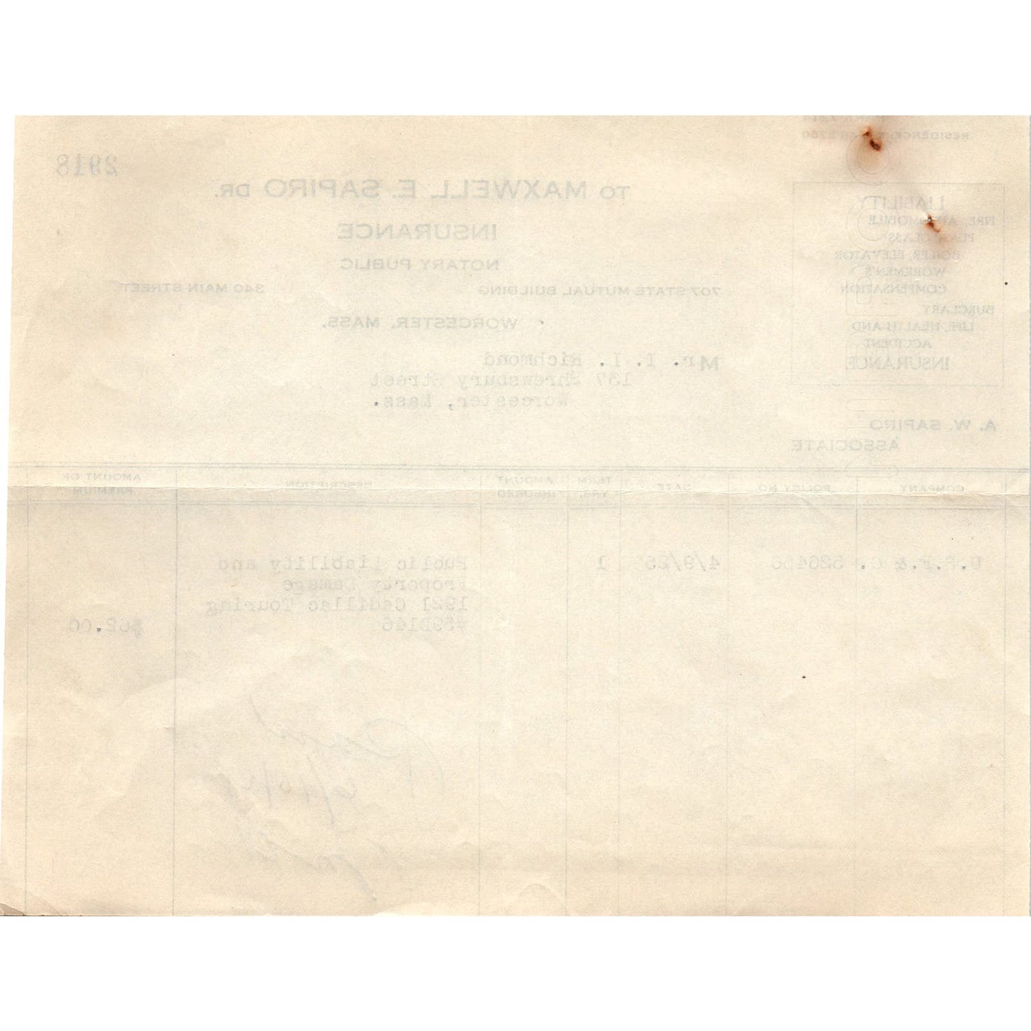 Maxwell E. Sapiro Ins Worcester 1925 Original Billhead Letterhead Receipt D8
