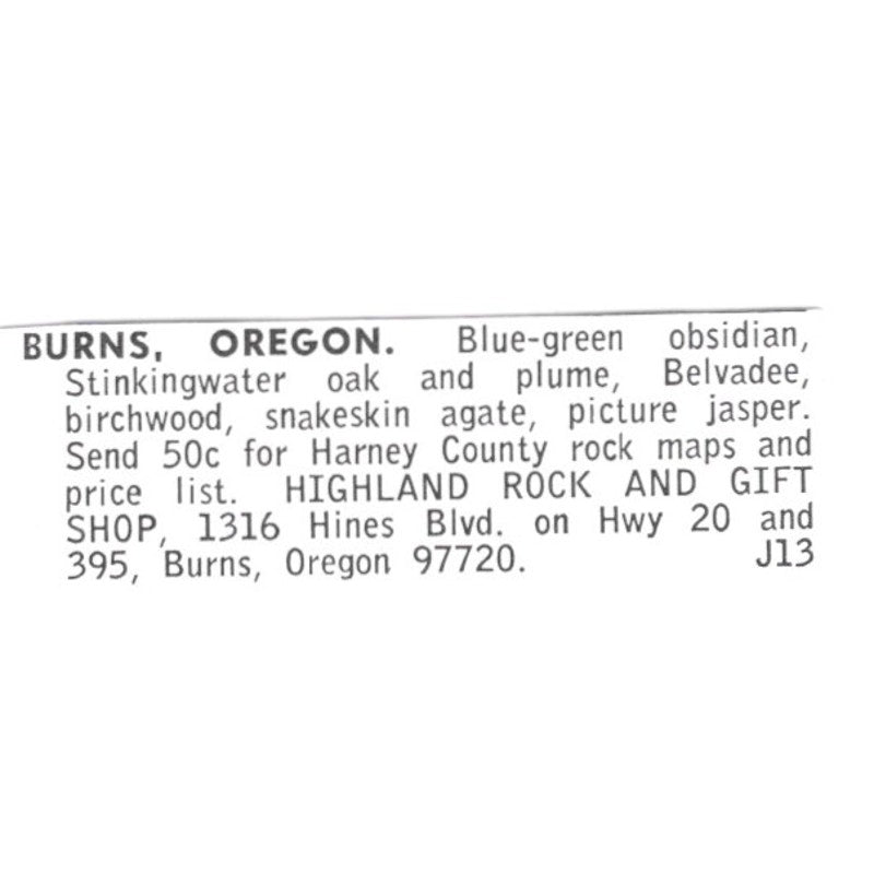 Highland Rock and Gift Shop Burns Oregon 1972 Ad AF8-S13