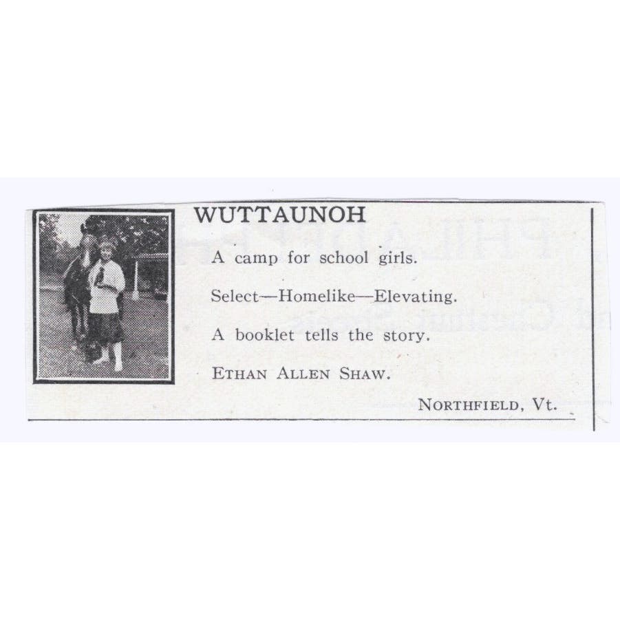 Wuttaunoh Girls Camp Ethan Allen Shaw Northfield VA c1918 Advertisement AE5-SA2
