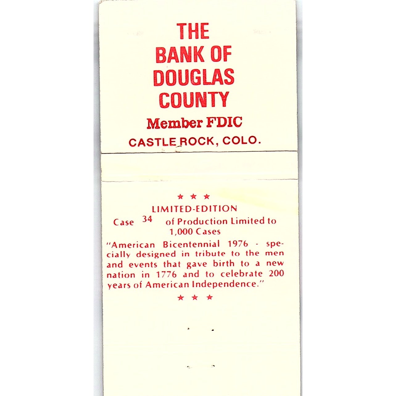 1796 Bicentennial Bank of Douglas County Castle Rock CO Matchbook TB6-MB2-8
