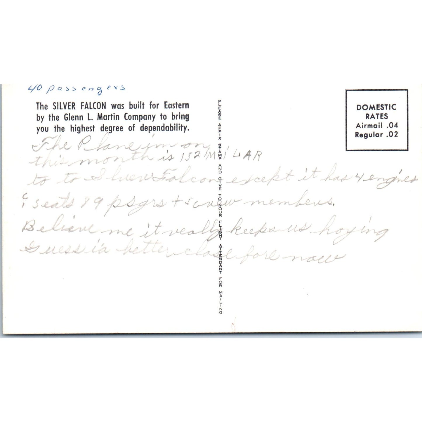 Silver Falcon Glenn L. Martin Company Vintage Postcard PC19