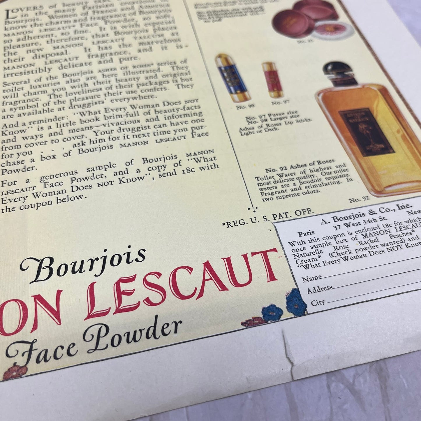 1924 Bourjois Manon Lescaut Face Powder 10x13 Magazine Advertisement FL6-7