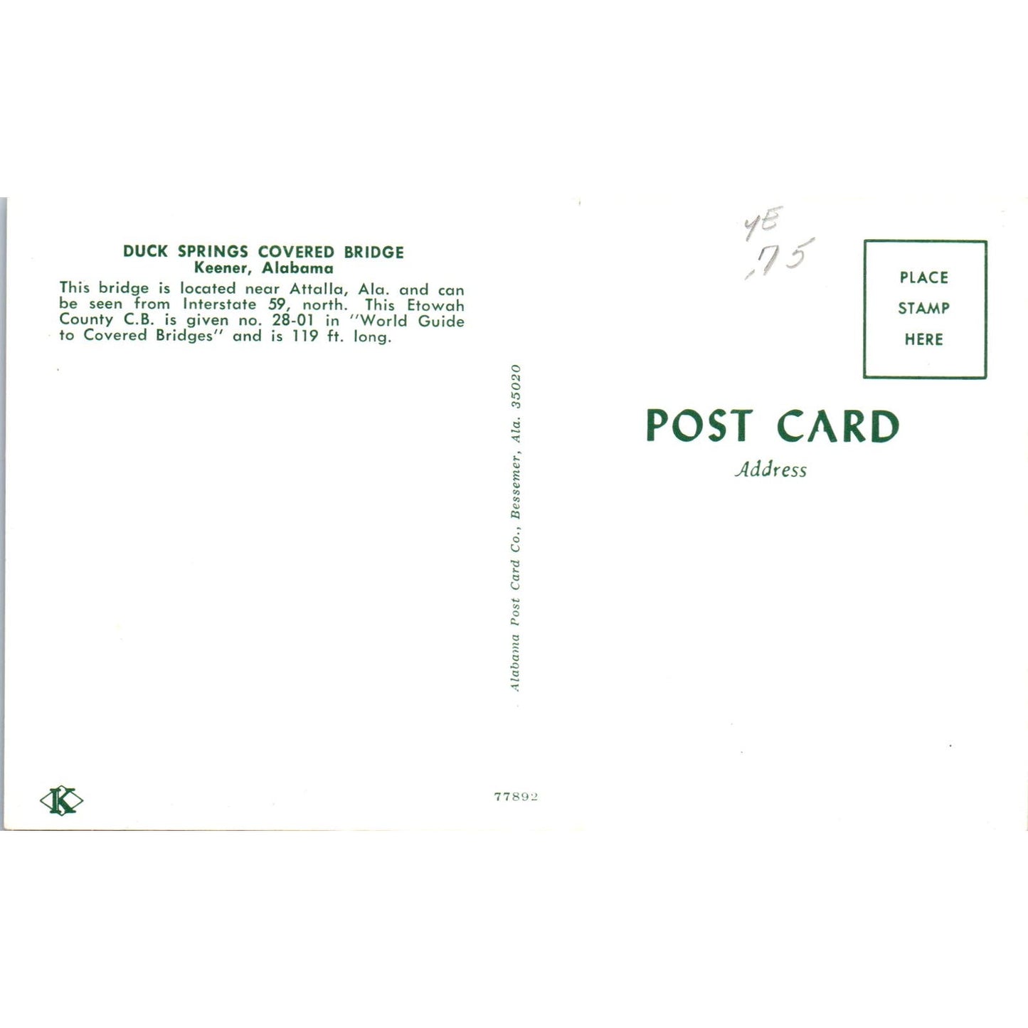 Duck Springs Bridge Keener Alabama Covered Bridge Postcard PB13