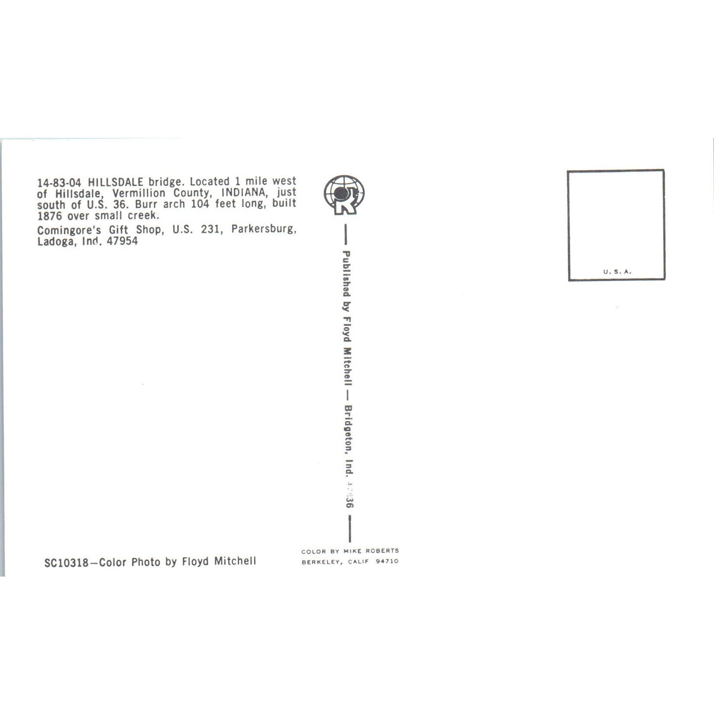 Hillsdale Bridge Vermillion County Indiana Covered Bridge Postcard PB11