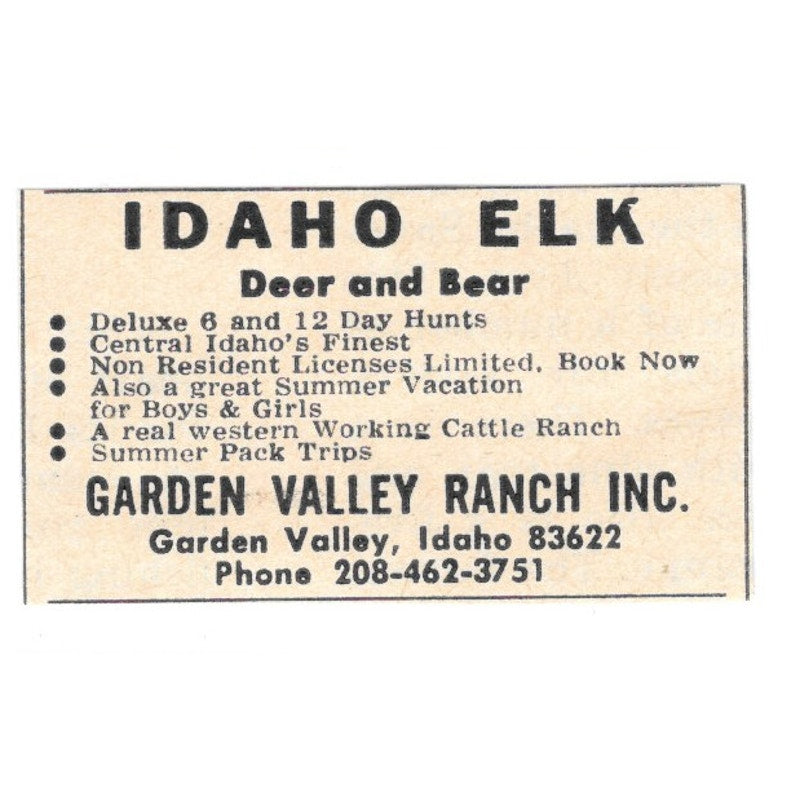 Garden Valley Ranch Idaho Elk Garden Valley Idaho 1977 Ad AF6-S3