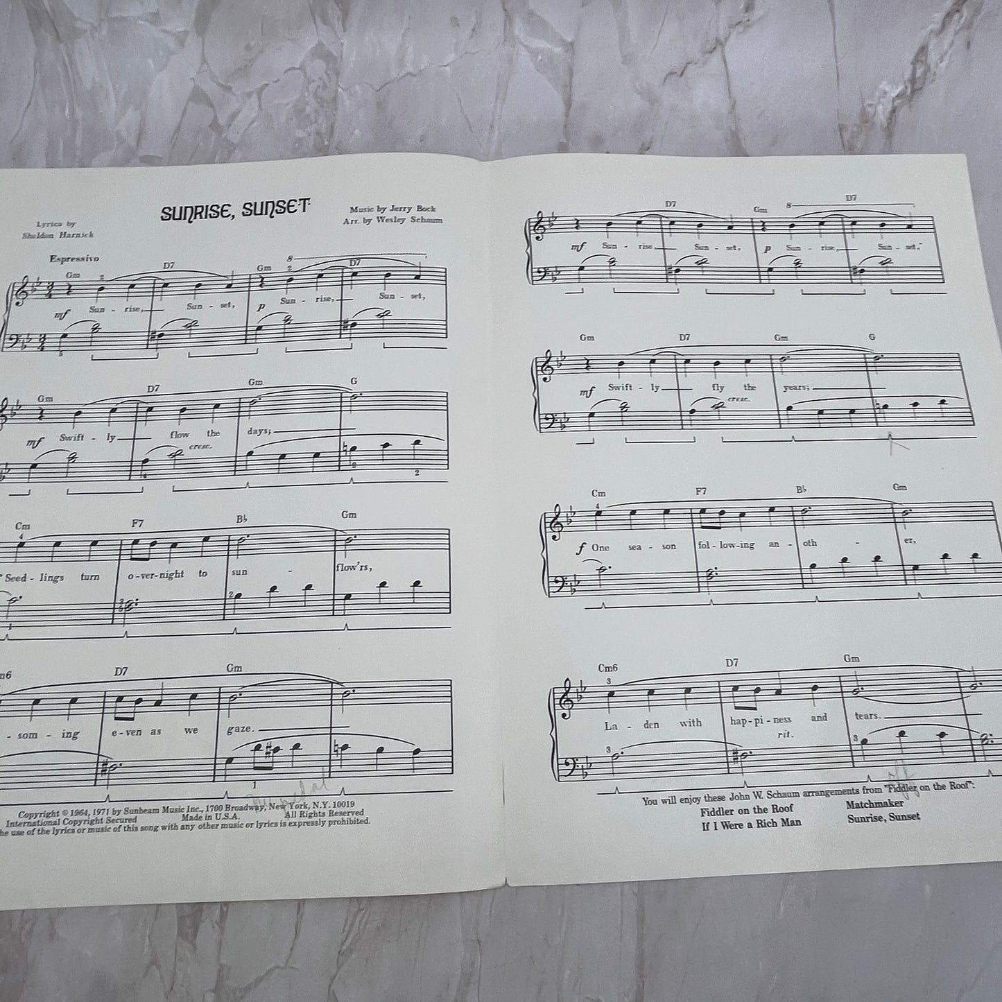 The Fiddler on the Roof Sunrise, Sunset John W. Schaum Sheet Music Ti5