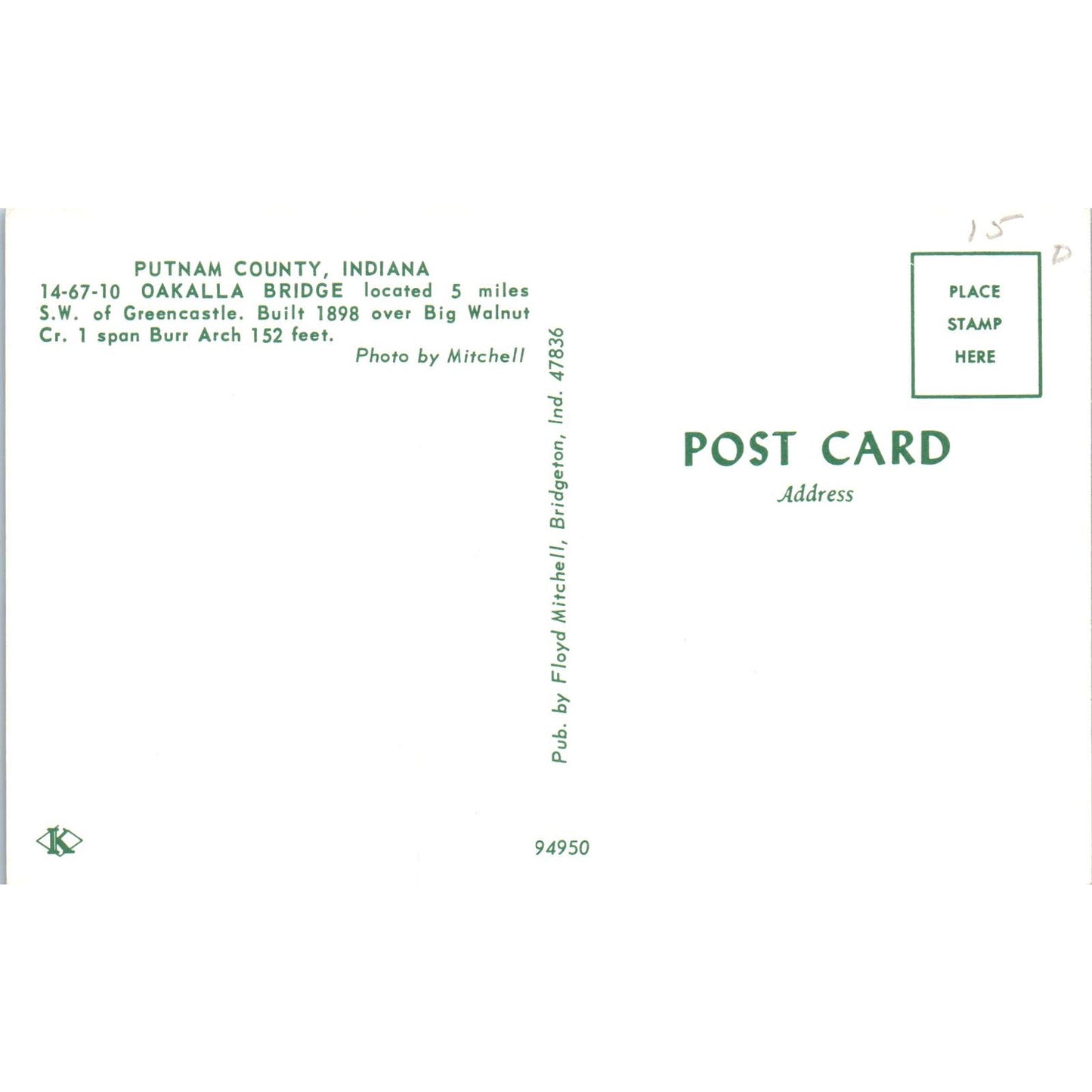 Putnam County Oakalla Bridge Indiana Covered Bridge Postcard PC8