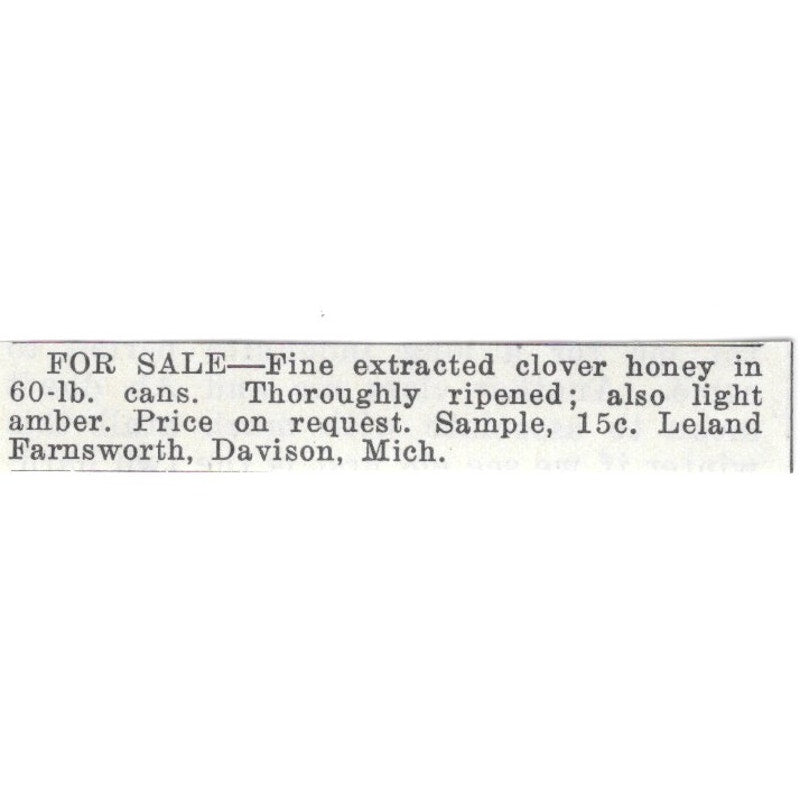 Leland Farnsworth Extracted Clover Honey Davison Michigan 1926 Ad AG3-S21