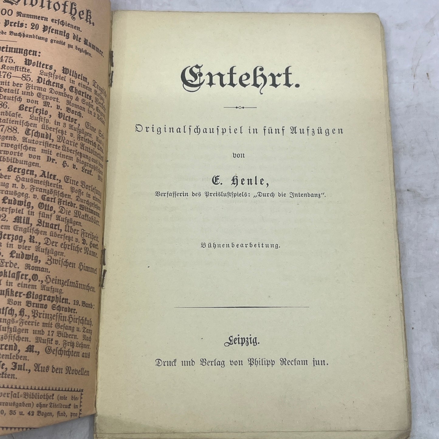 c1900 Universal Bibliothek - Dishonored Original play E Henle German Book TJ6-OB