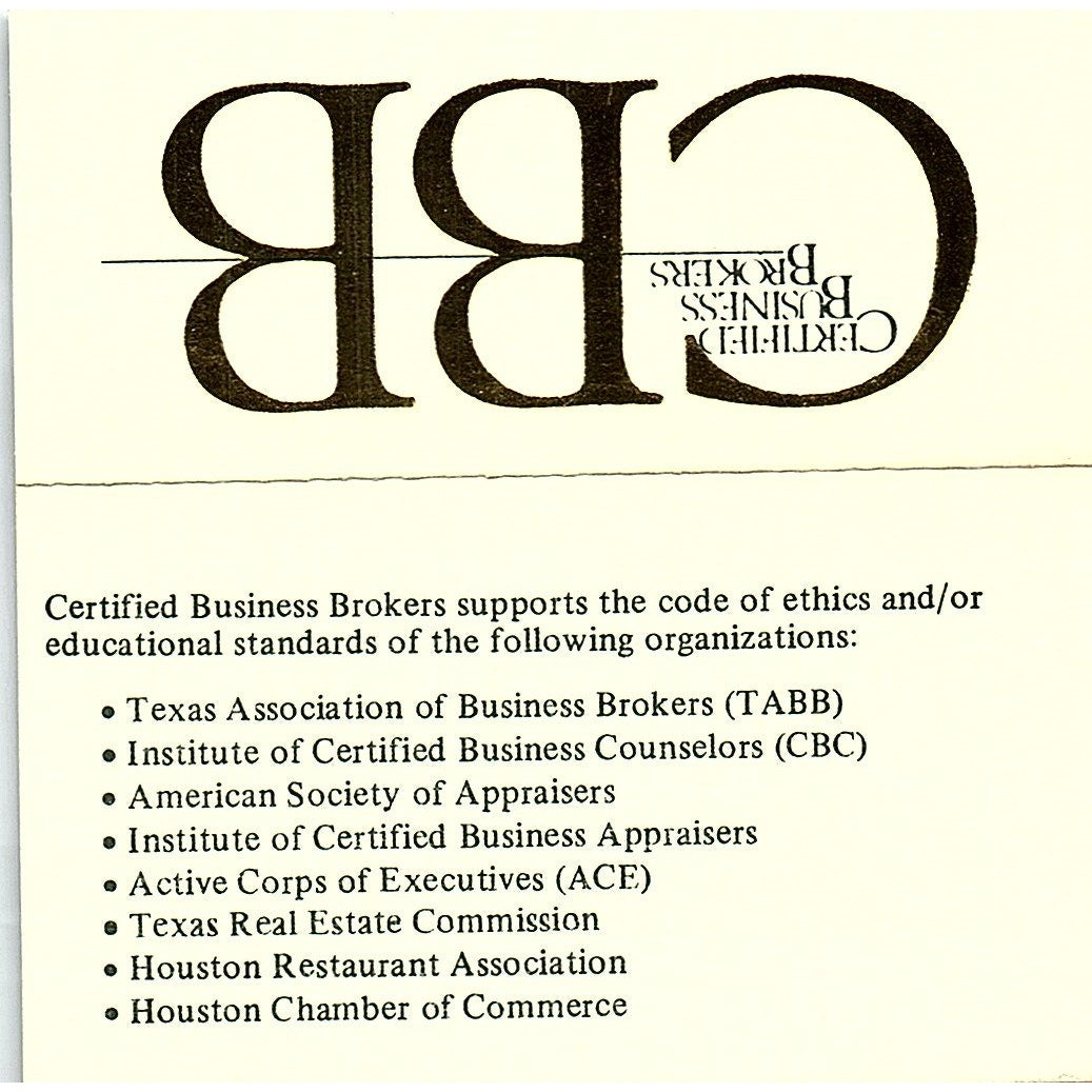 Certified Business Brokers ,JOHN M. WILLIAMSON , Houston TX Business Card SF3-B9