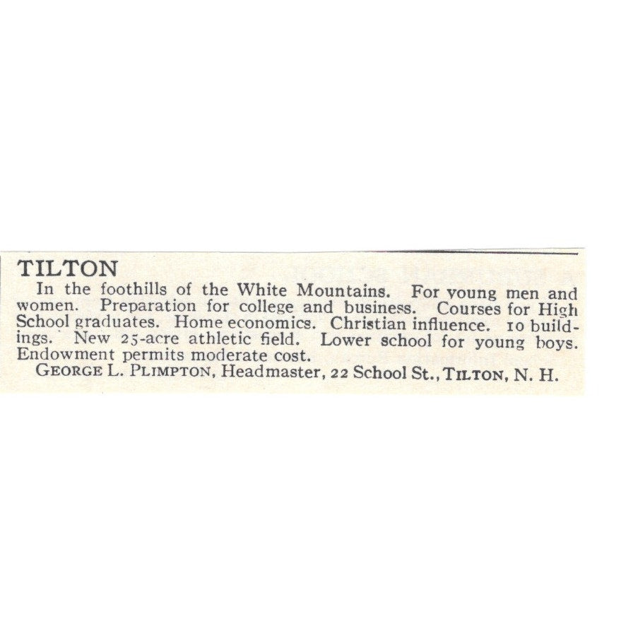 Tilton Prep School George L Plimpton Tilton NH 1924 Magazine Ad AD8-O7