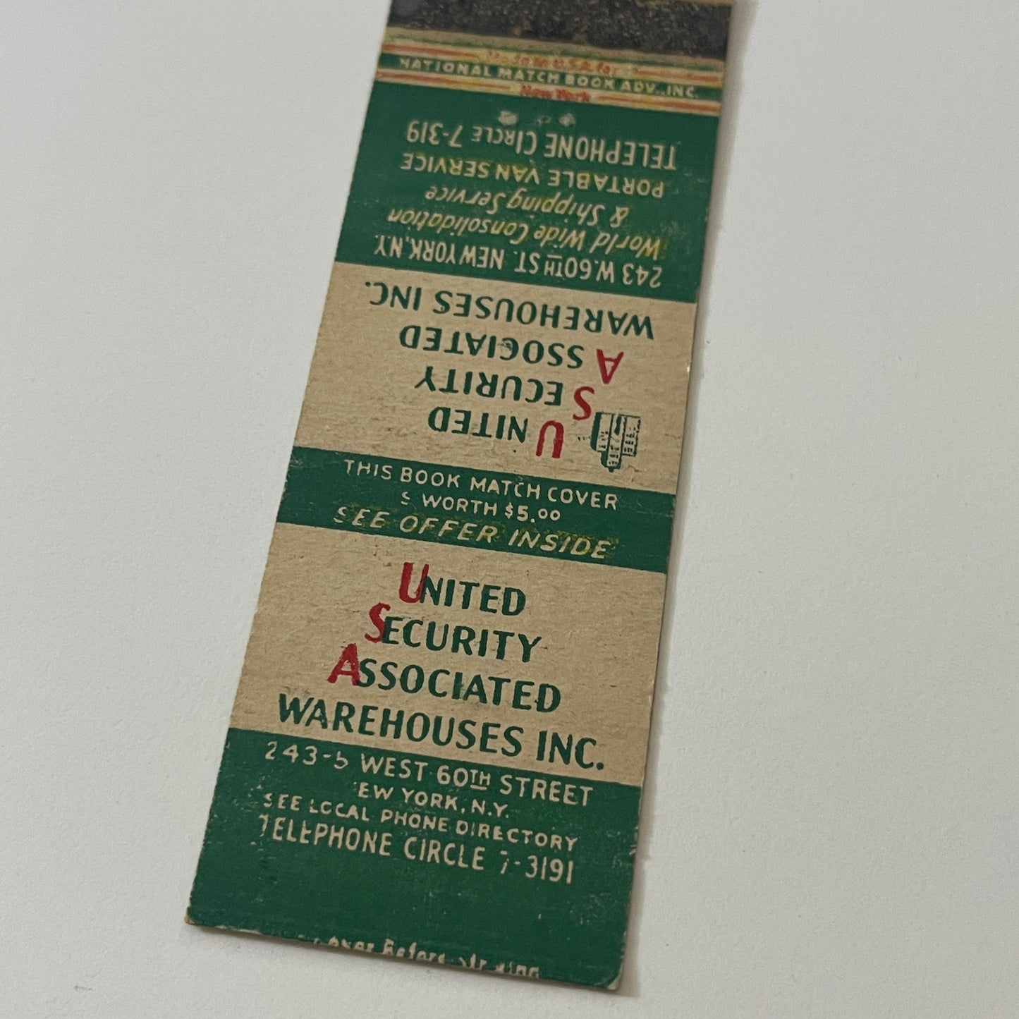 United Security Associated Warehouses Inc NY Vintage Matchbook Cover TB6-MB2-5
