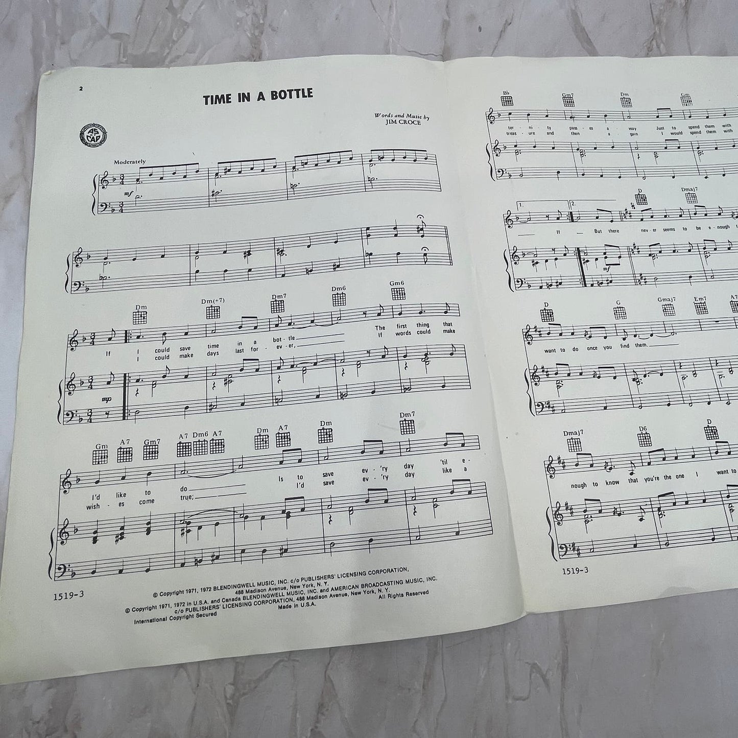1972 Time in a Bottle - Jim Croce Sheet Music FL6-5