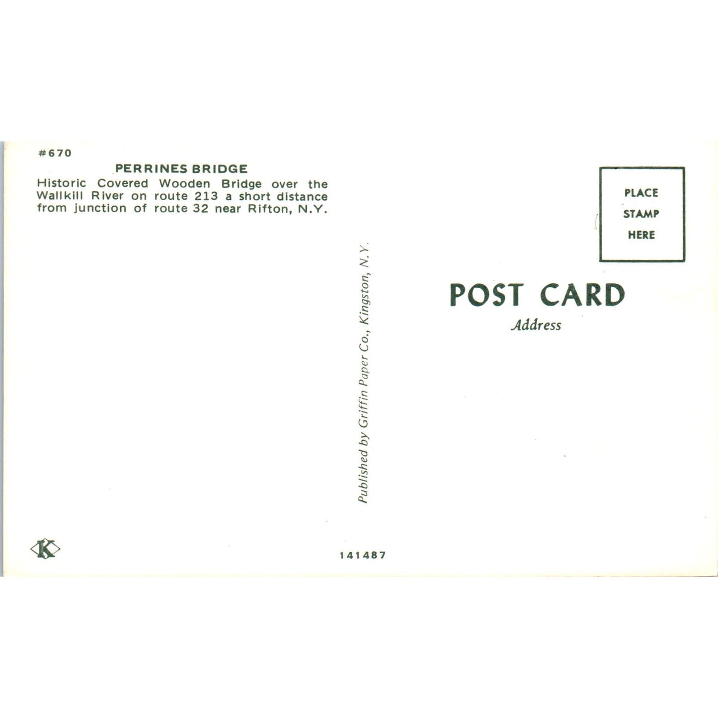 Perrines Bridge Wallkill River Rifton NY Vintage Covered Bridge Postcard PD1