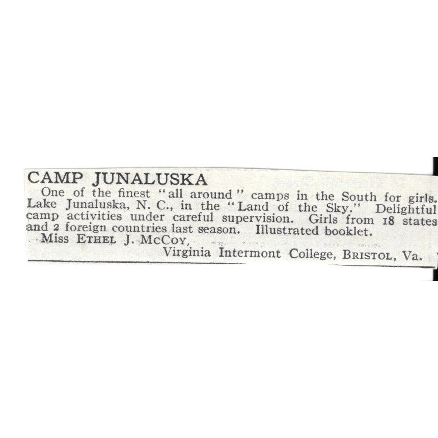 Camp Junaluska Bristol VA Miss Ethel J. McCoy c1920 Harper's Magazine Ad AG4-S7