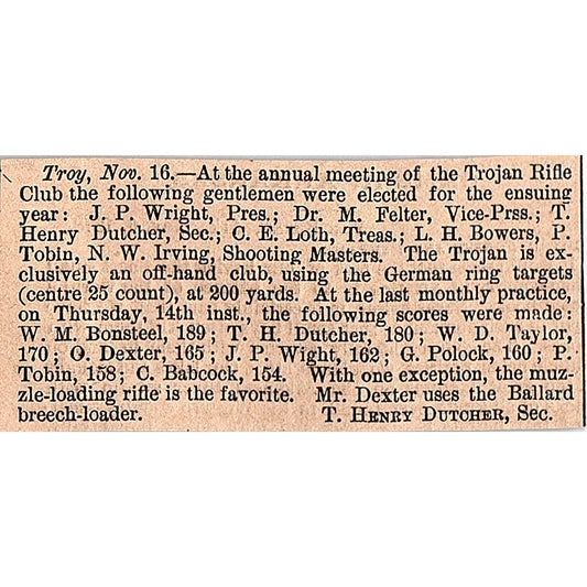 Nov 1878 Trojan Rifle Club Officers Troy NY T Henry Dutcher 1878 Article AG2-S15