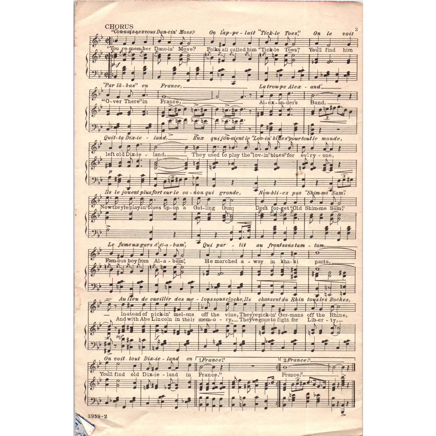1918 WWI Sheet Music You'll Find Old Dixieland in France Grant Clarke D23