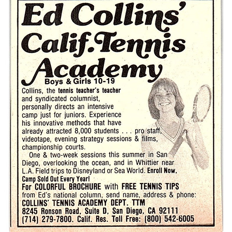Ed Collins' California Tennis Academy San Diego CA 1977 Ad AF3-Q3