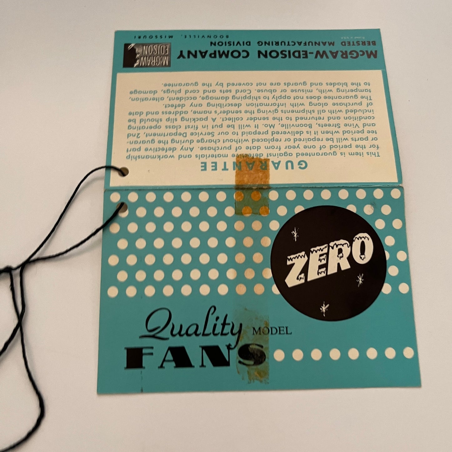 Zero Quality Model Fans McGraw-Edison Co Boonville MO Showroom Hang Tag AG5-M4