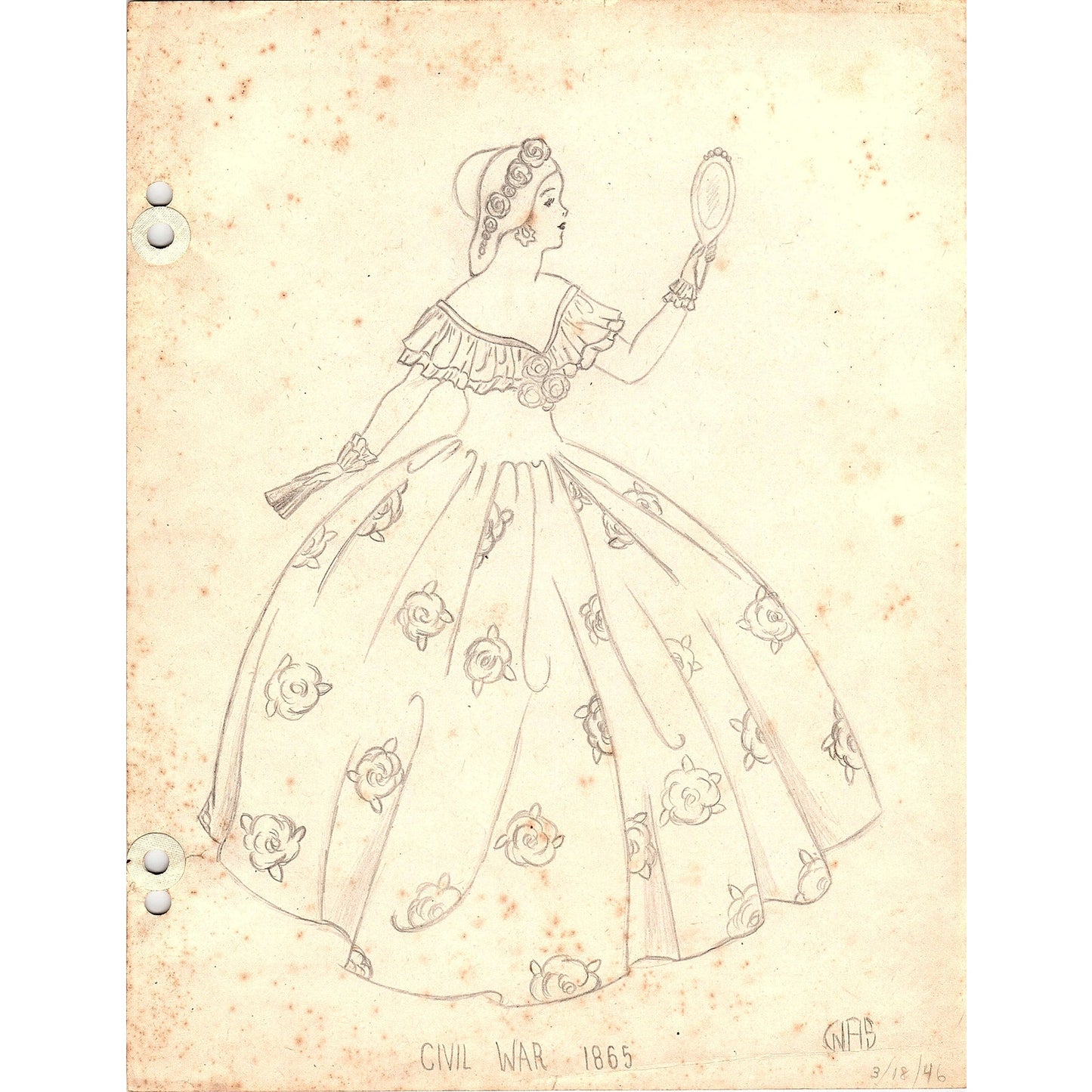 1940s Original Sketch Civil War Women's Fashion Dress Winifred Schutsky D26-9