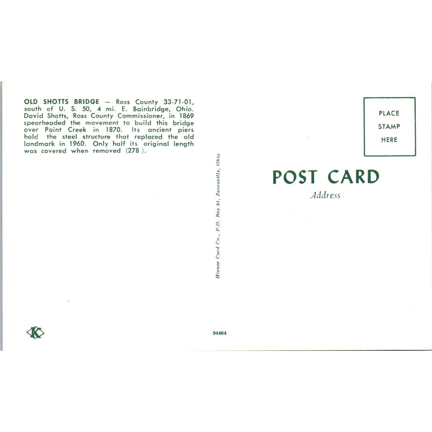 Old Schotts Bridge Ross County Bainbridge OH Covered Bridge Postcard PC16