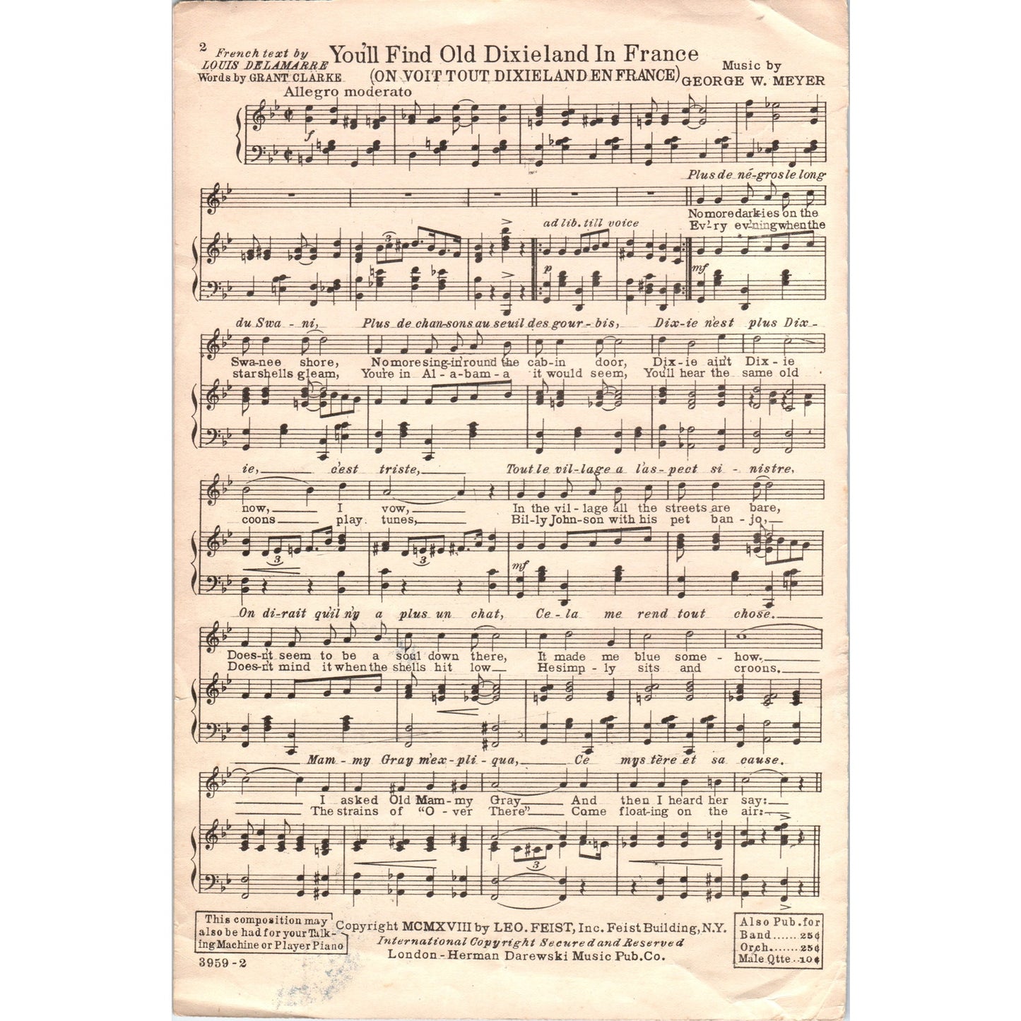 1918 WWI Sheet Music You'll Find Old Dixieland in France Grant Clarke D23