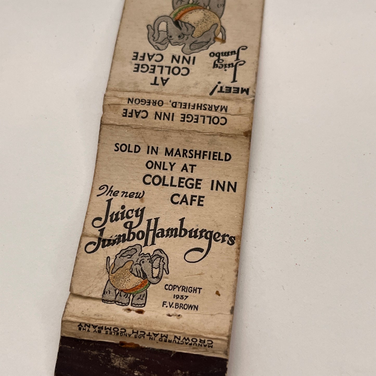 College Inn Cafe Jumbo Hamburgers Marshfield OR Vintage Matchbook TB6-MB2-15