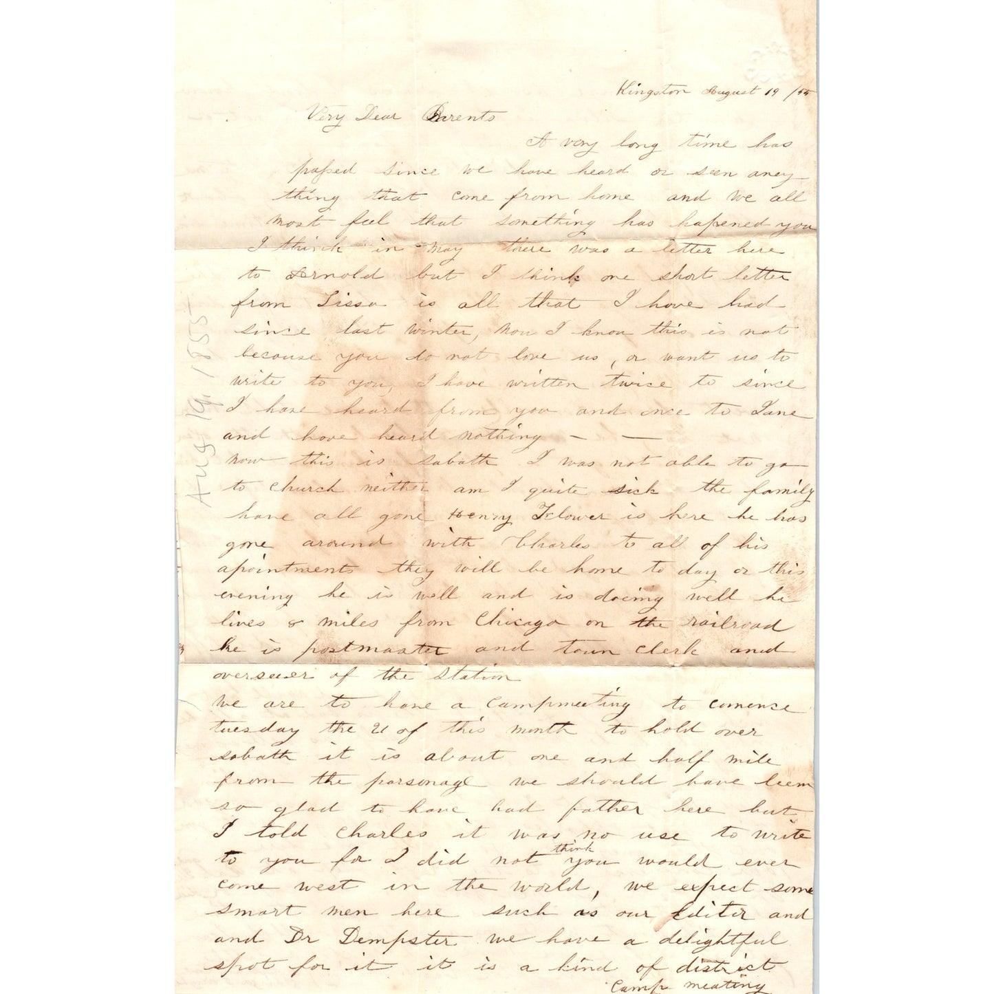 1855 Handwritten Letter Thirsa Wright Kingston NY D23