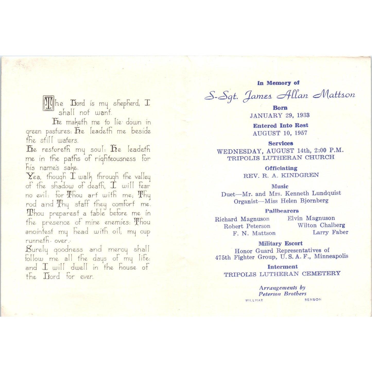 1957 Memorial Funeral Program S-Sgt. James Allan Mattson Willmar MN TH9-SX1