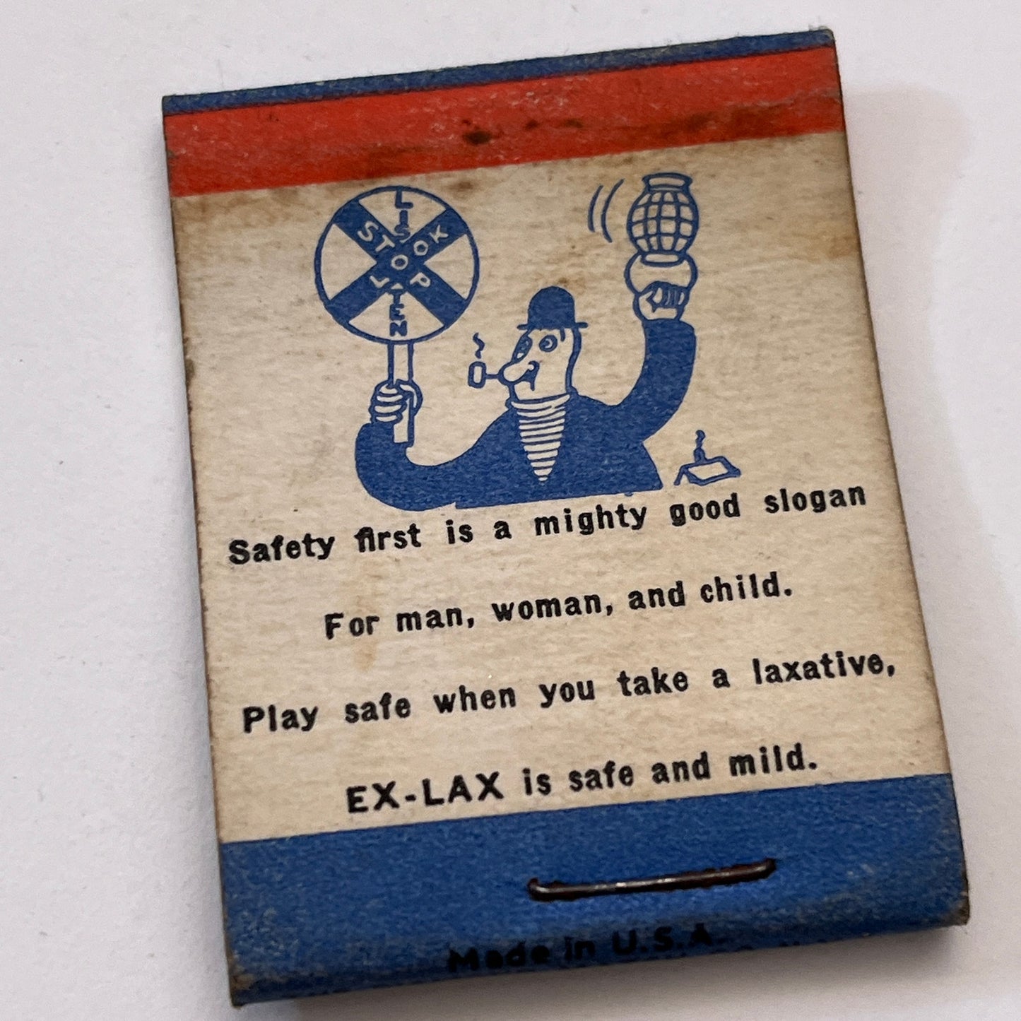 Ex-Lax Chocolate Laxative Safety First Cartoon Vintage Matchbook Cover TB8-MB3-6