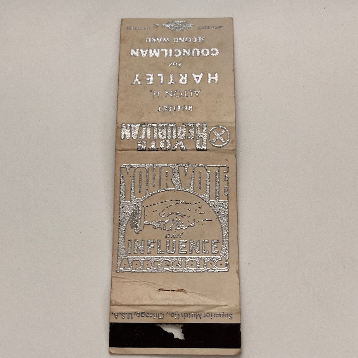 Vote Alton H Hartley 2nd Ward Councilman Republican Vintage Matchbook TB6-MB2-15