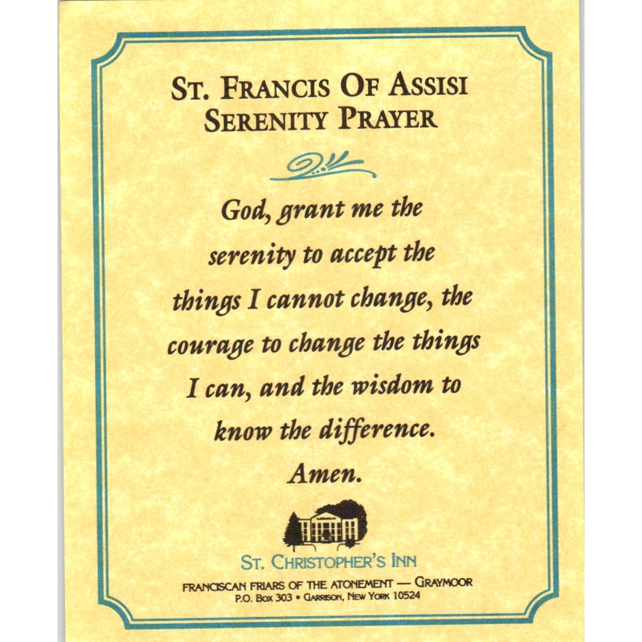 Serenity Prayer St. Christopher's Inn Garrison NY Vintage Prayer Card TH2-PC1