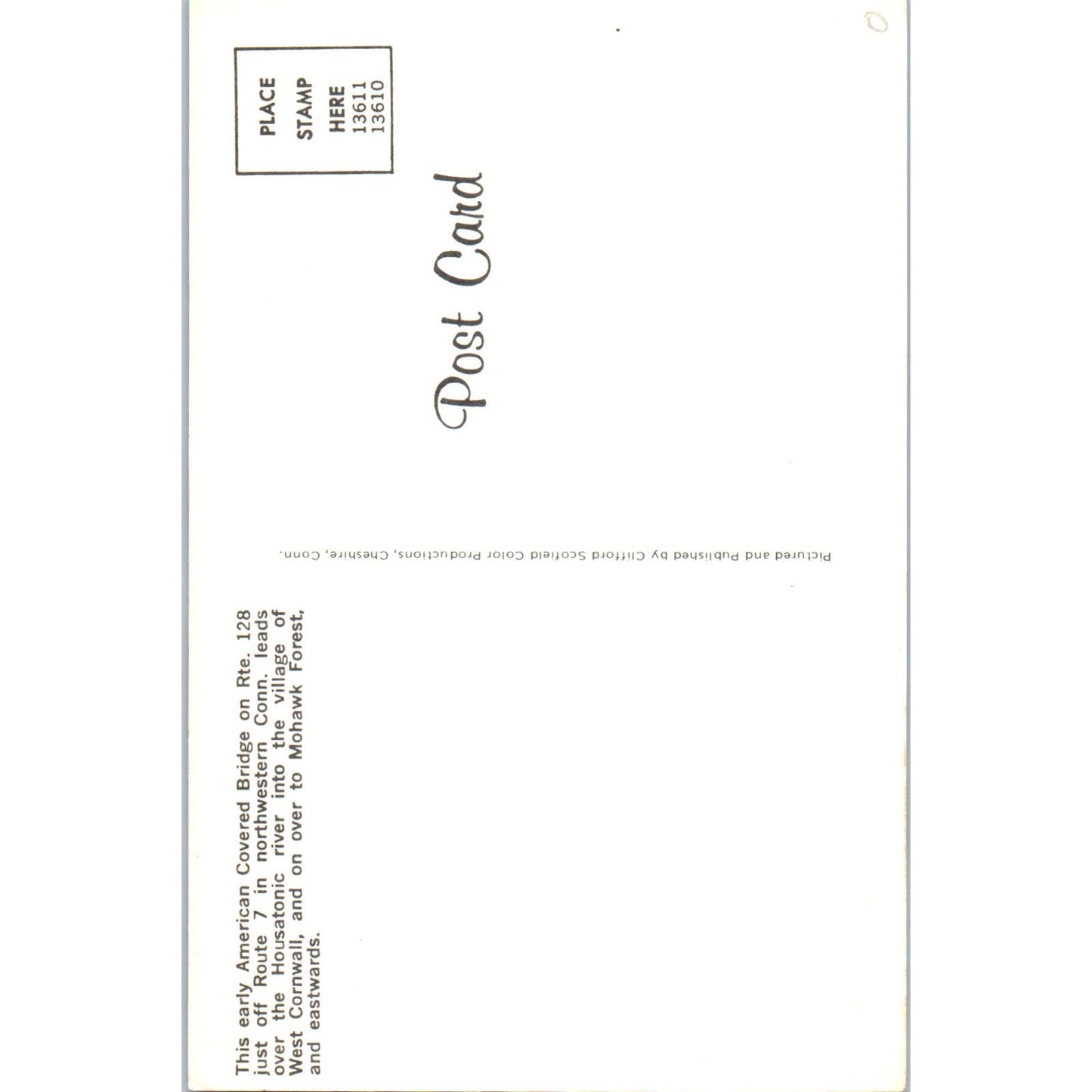 West Cornwall Housatonic River Mohawk Forest CT Covered Bridge Postcard PC7