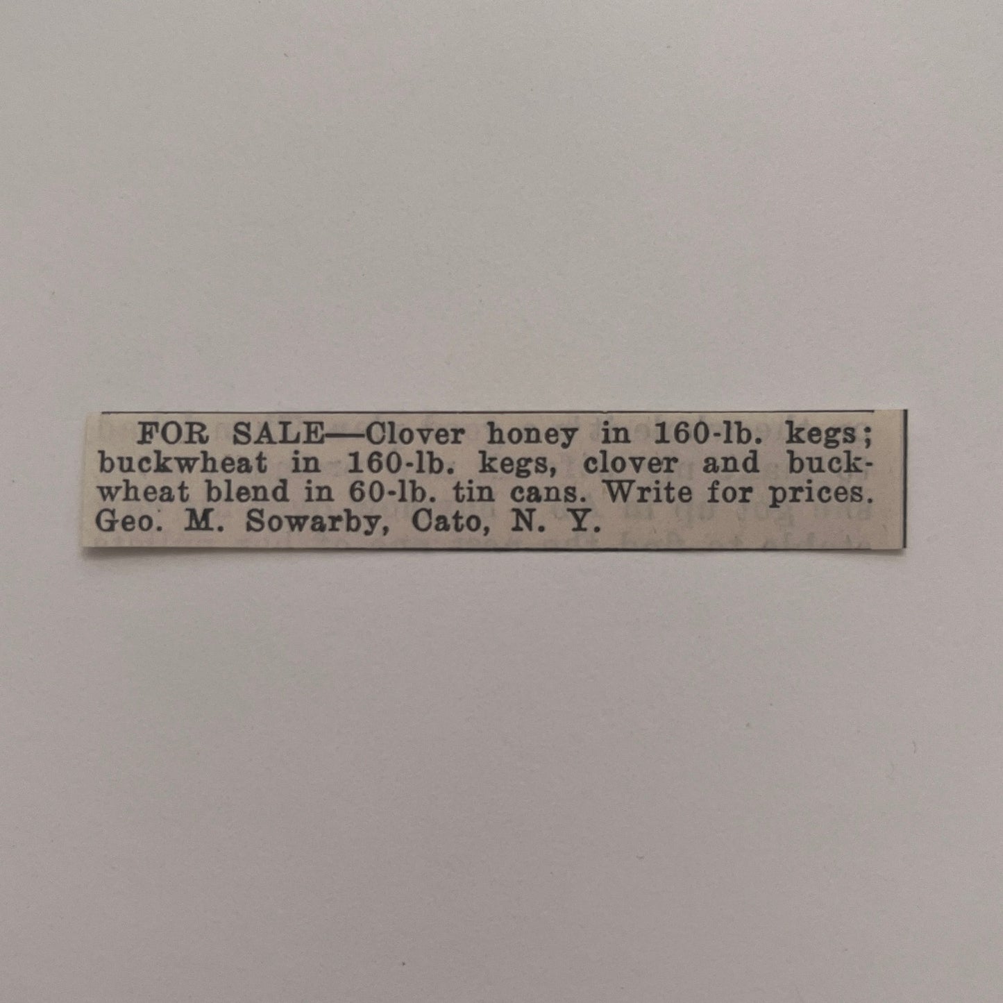 Geo. M. Sowarby Clover Honey For Sale Cato New York 1926 Ad AG3-S21