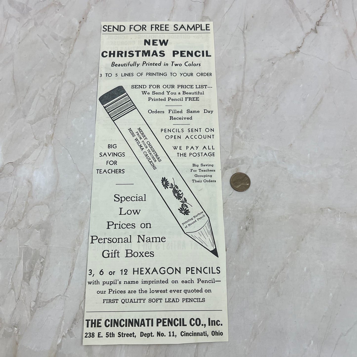 1937 Cincinnati Pencil Co Christmas for Students 4.5x12 Advertisement FL6-5