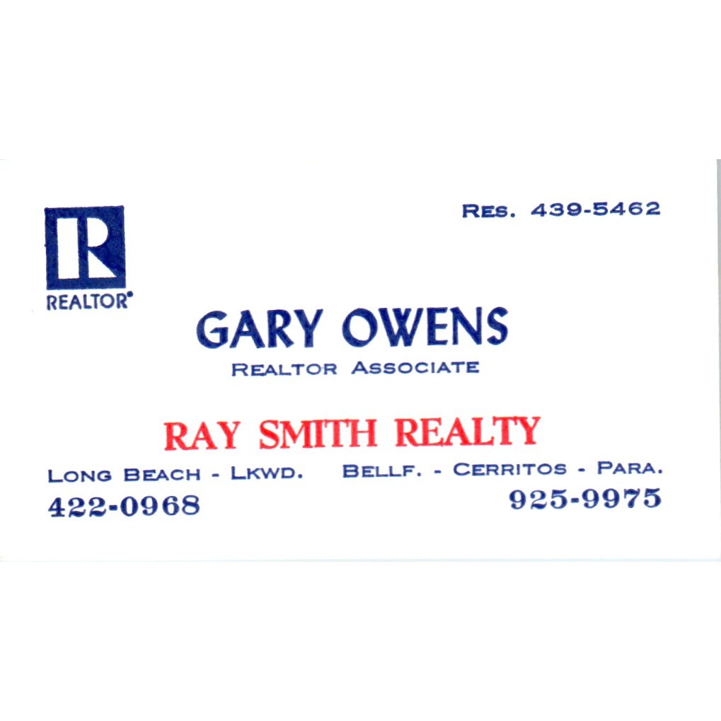 Gary Owens Ray Smith Realty Long Beach CA Vintage Business Card SD4-B5