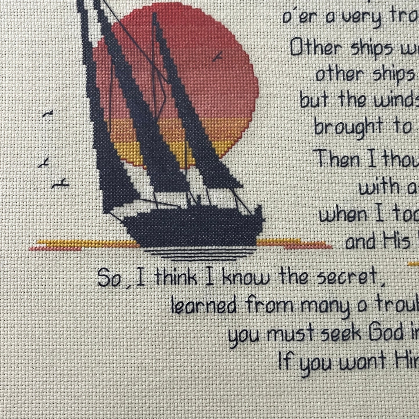 Vtg Embroidery Art Sailboats Ralph Cushman I Met God in the Morning Poem 16x18"