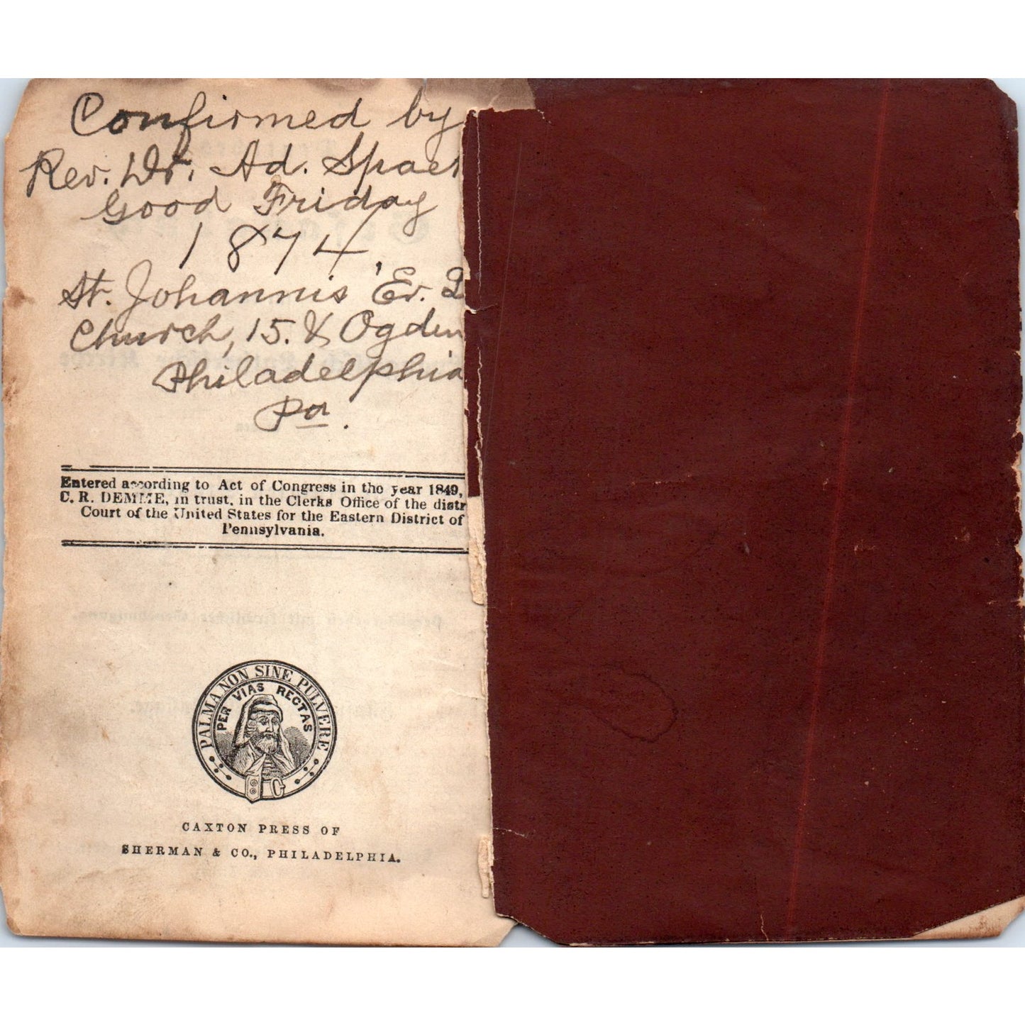 1874 Handwritten Confirmation Rev Spaeth St. Johannis Church on German Book D20