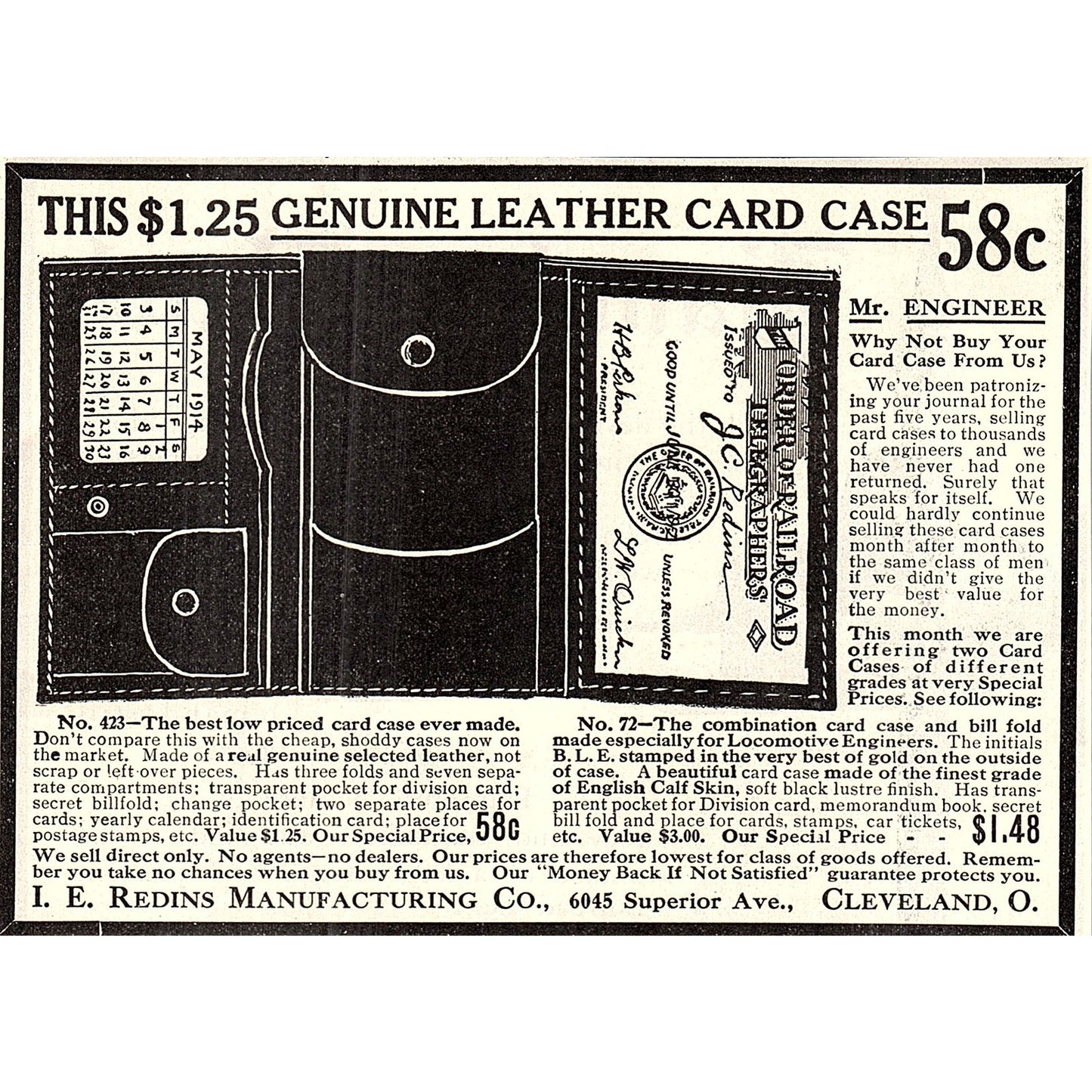 I.E. Redins Mfg Co Cleveland Engineers Leather Card Case 1914 Original Ad AF3-10