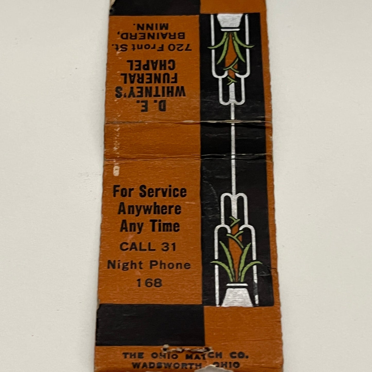 D.E. Whitney's Funeral Chapel Brainerd MN Vintage Matchbook TB6-MB2-14