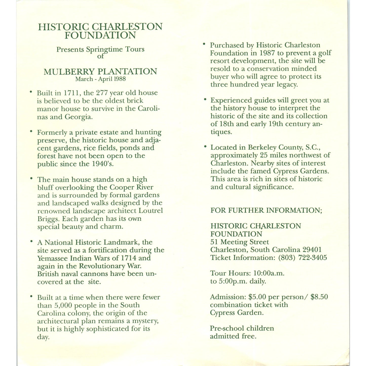Vintage 1988 Mulberry Plantation Charleston SC Fold Out Travel Brochure H5-5