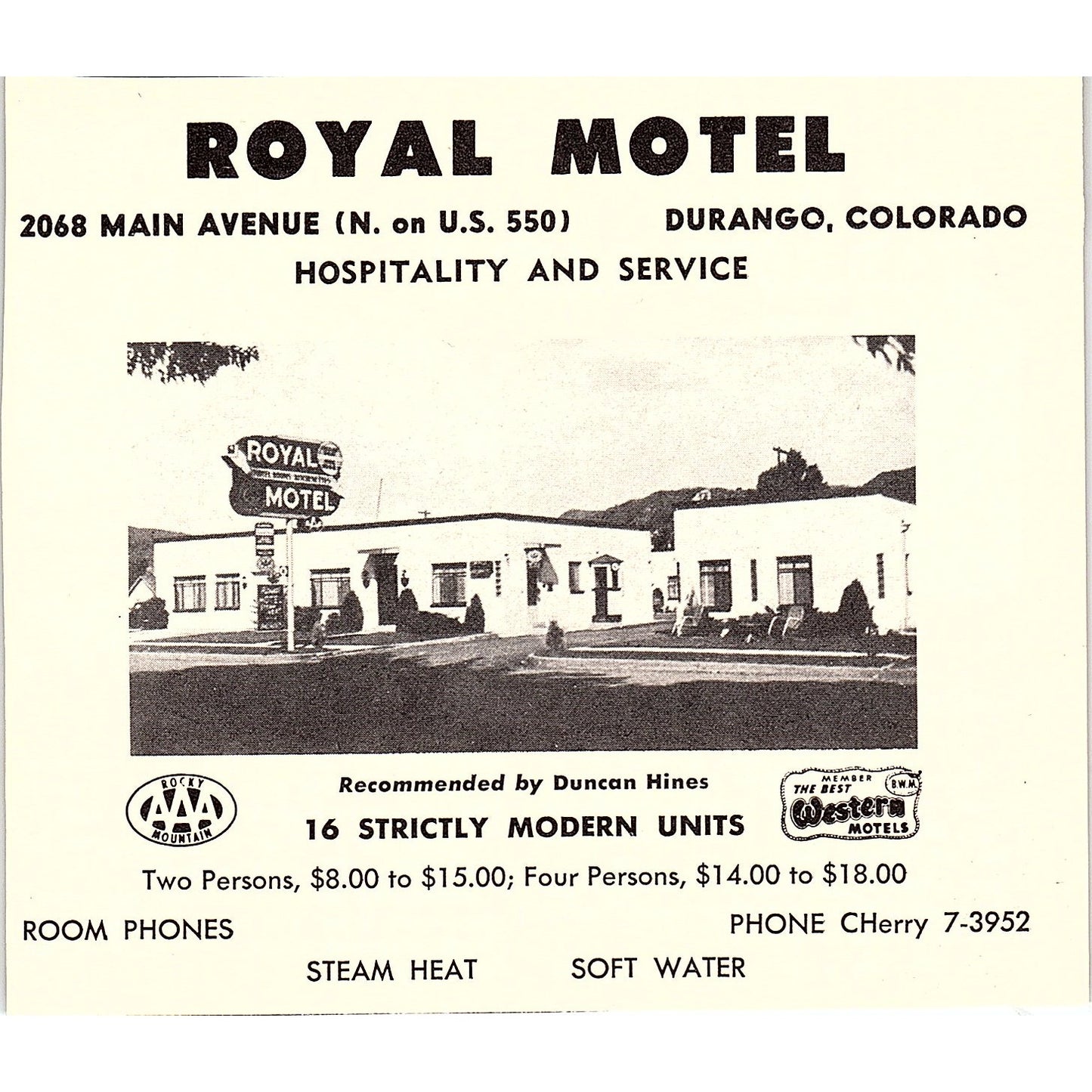 Royal Motel Durango CO 1958 Ad AG1-H3