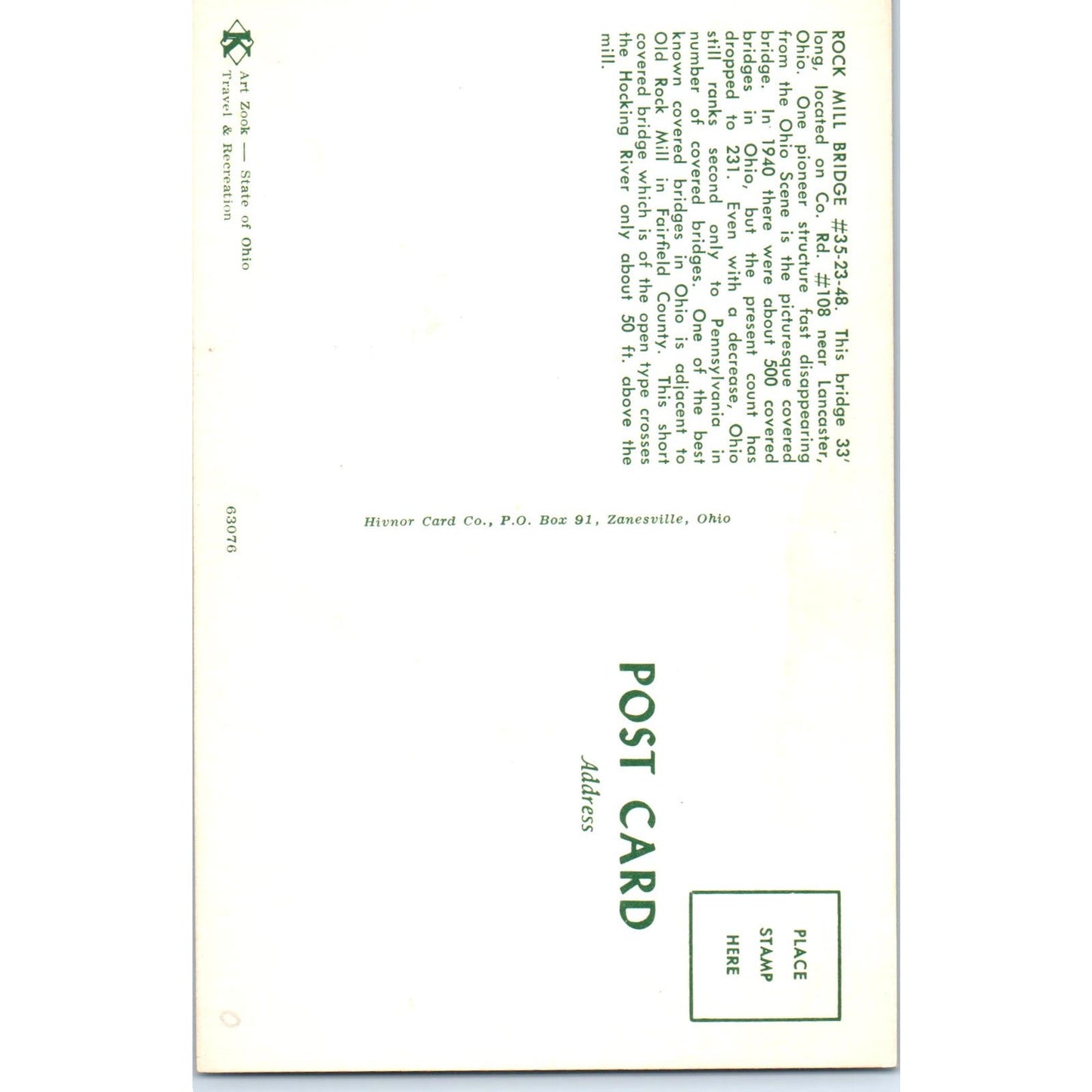 Rock Mill Bridge Lancaster Ohio Vintage Covered Bridge Postcard PD1