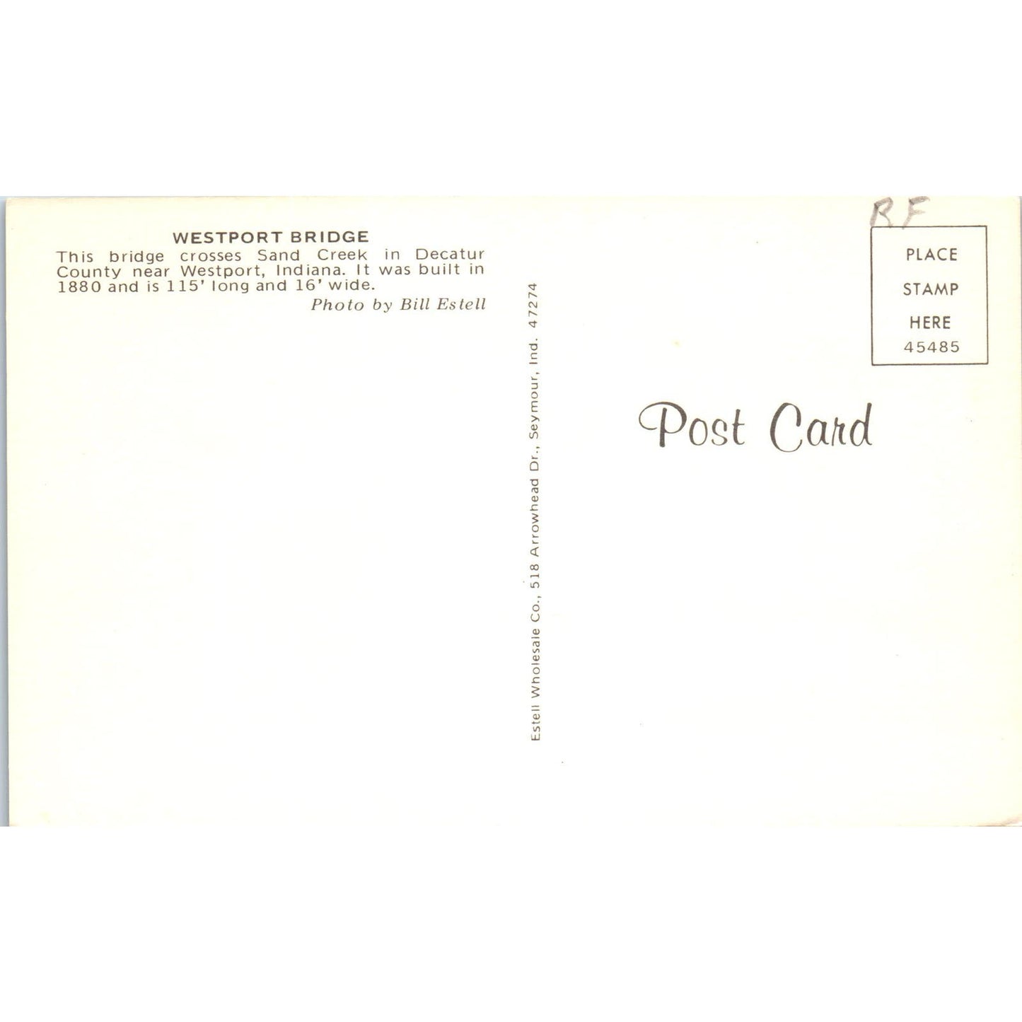 Westport Bridge Sand Creek Decatur County Indiana Covered Bridge Postcard PB11