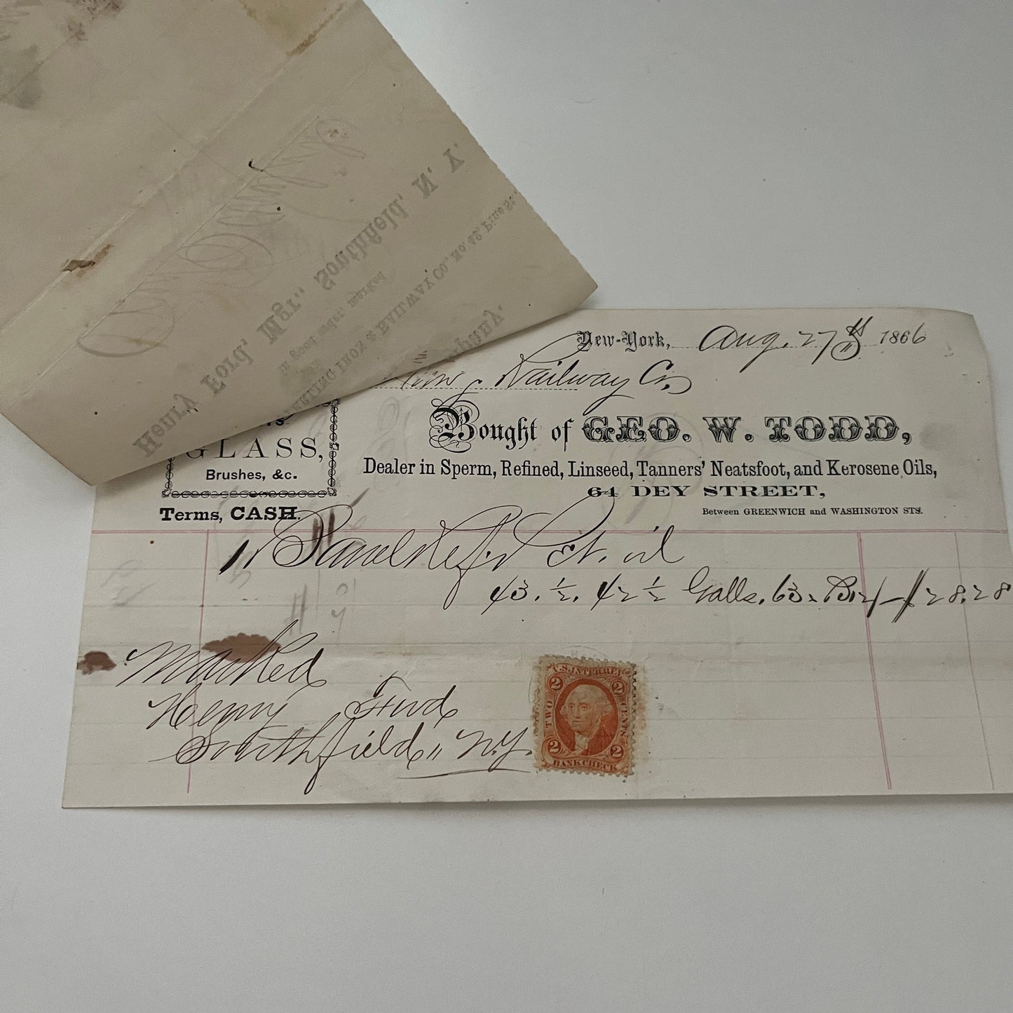 Geo. W. Todd Oil Dealer New York 1866 Billhead & Erie Ry Waybill C15