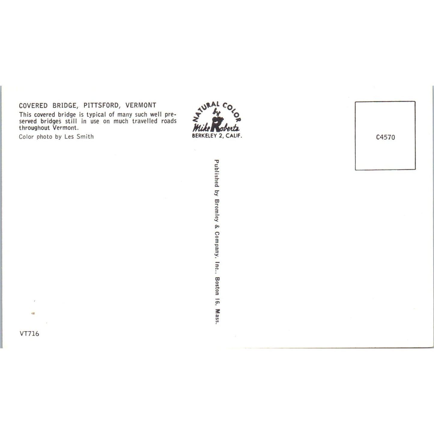 Pittsford Vermont Vintage Covered Bridge Postcard PC15