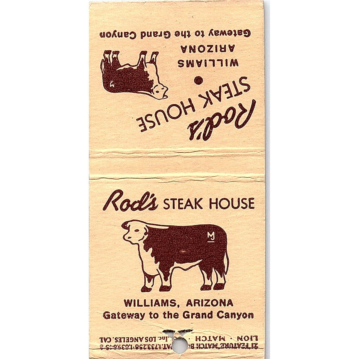 Rod's Steak House Williams Arizona Vintage Matchbook Cover SC7-Y3