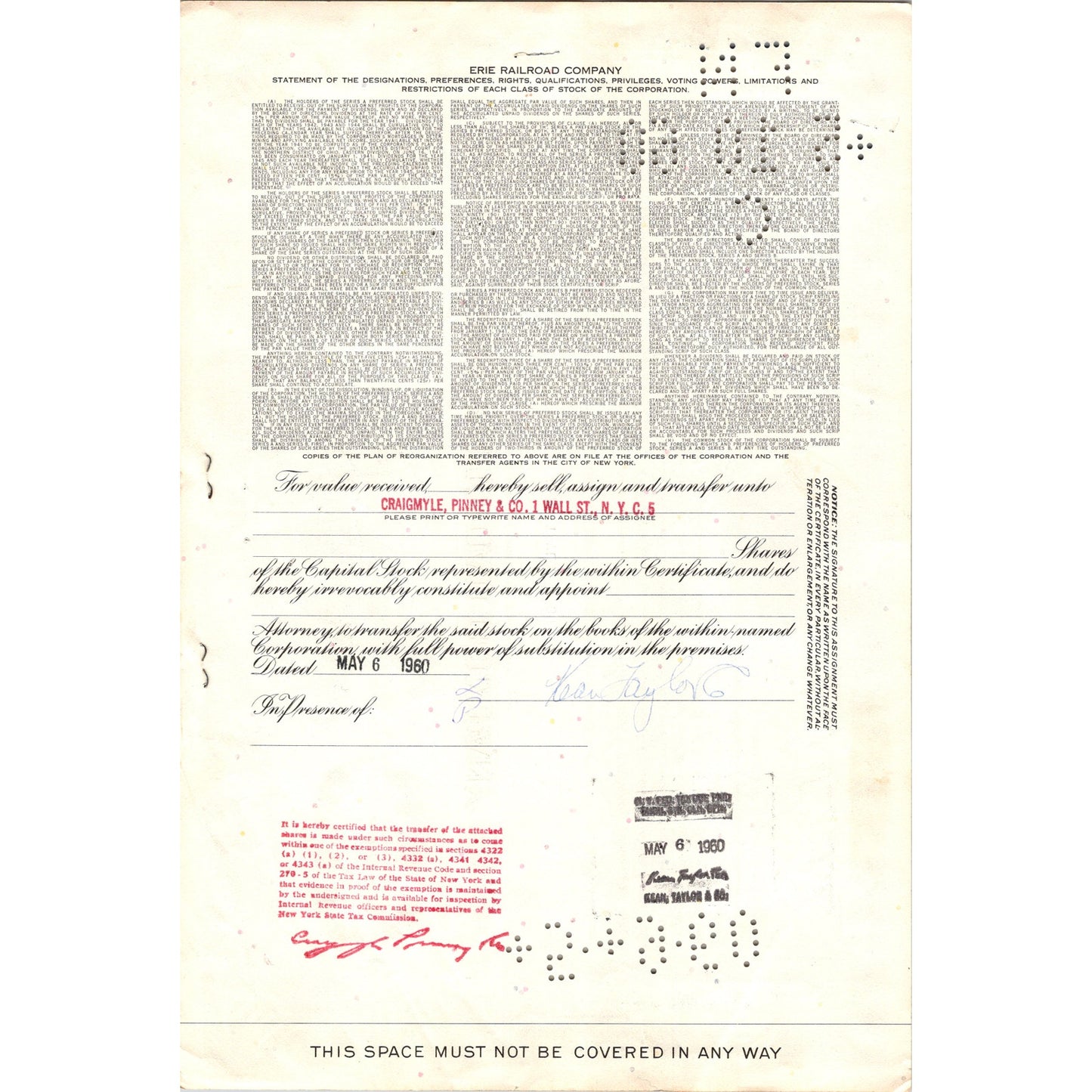 Vintage 1959 Erie Railroad Company Stock Certificate Jean Taylor & Co C12